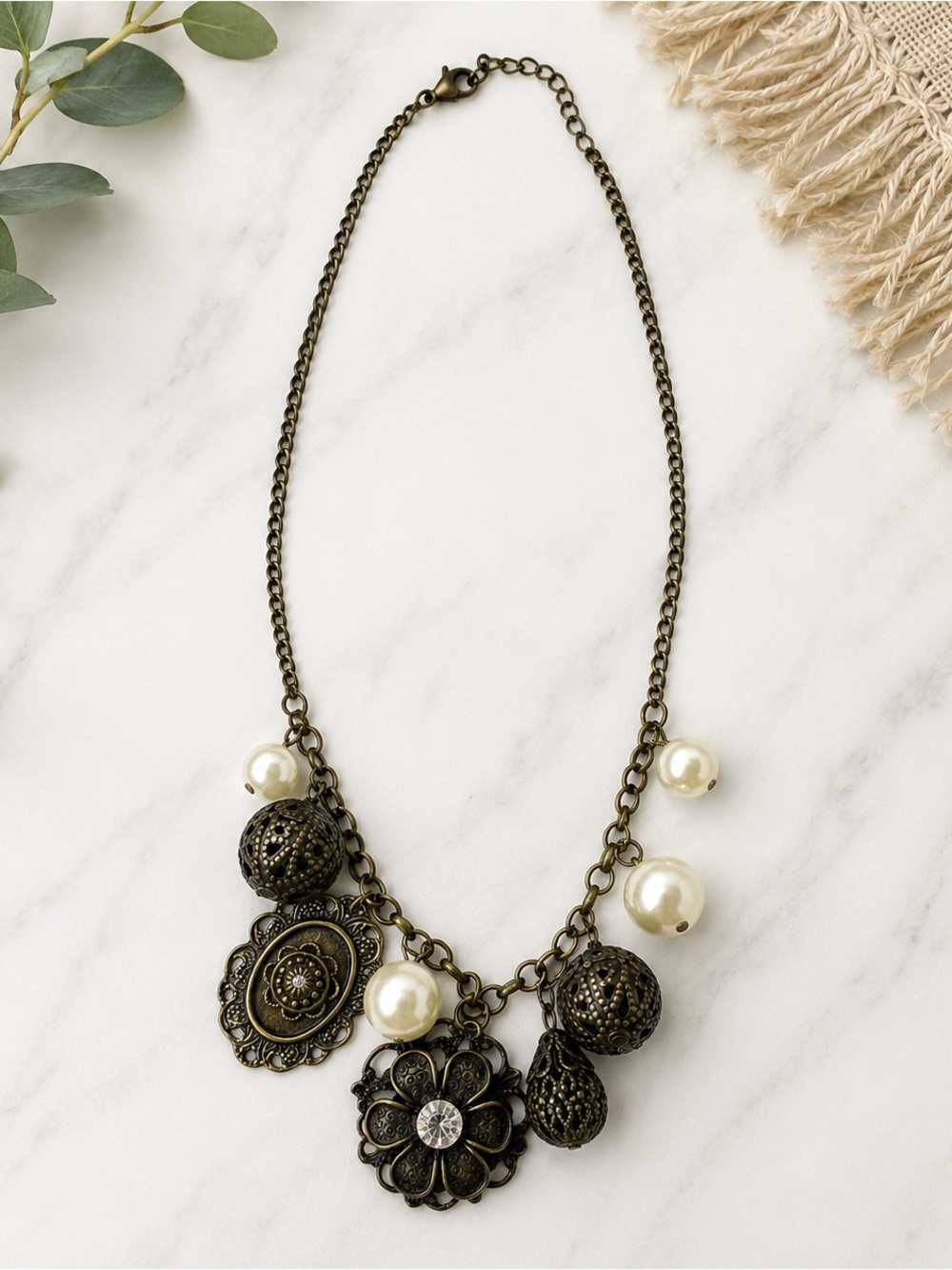 Antique Bronze Statement Necklace Faux Pearl Floral Filigree Boho